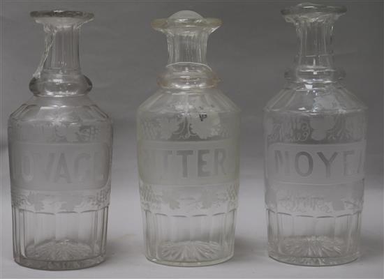 Three etched decanters, Lovage, Bitters and Noyeau height 27.5cm